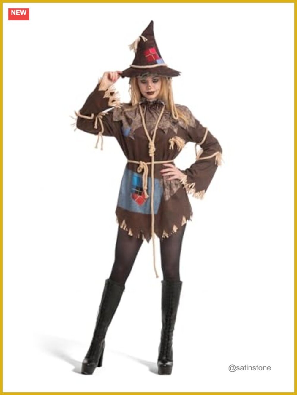 Scarecrow Costume Women Hat Dress Collar Rope Creepy Halloween Cosplay